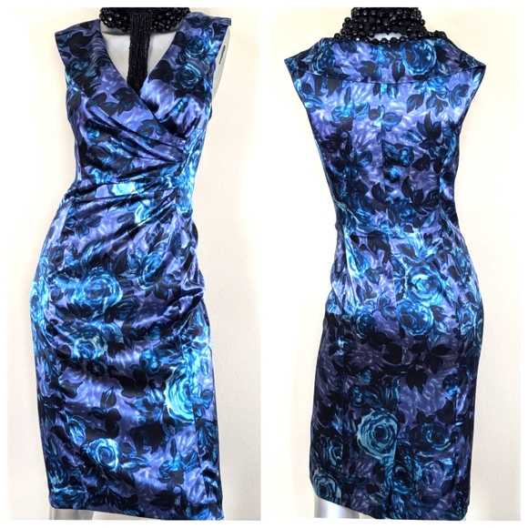 ReTro Floral Academia Vibrant Evening Cocktail Ruching Sleeveless Midi Dress - Picture 8 of 9